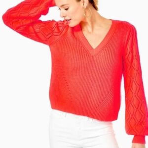 Lilly Pulitzer Luletta Spicy Coral V Neck Knit Sweater Puff Sleeve Size Medium
